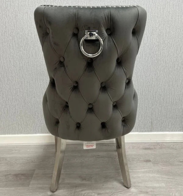 Victoria ring knocker chair dark grey and silver back view from Solid Furniture UK, modern luxury dining chair with knocker detail