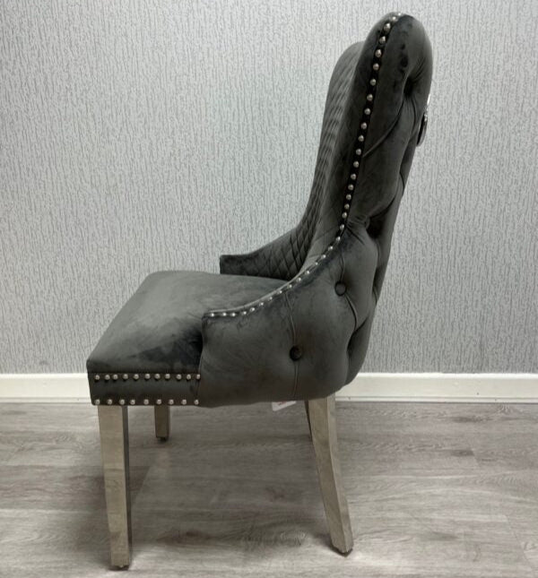 Dark grey and silver Victoria ring knocker dining chair side view velvet luxury chair Solid Furniture UK