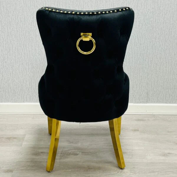 Victoria ring knocker chair gold and black back view from Solid Furniture UK, luxury upholstered dining chair with knocker detail