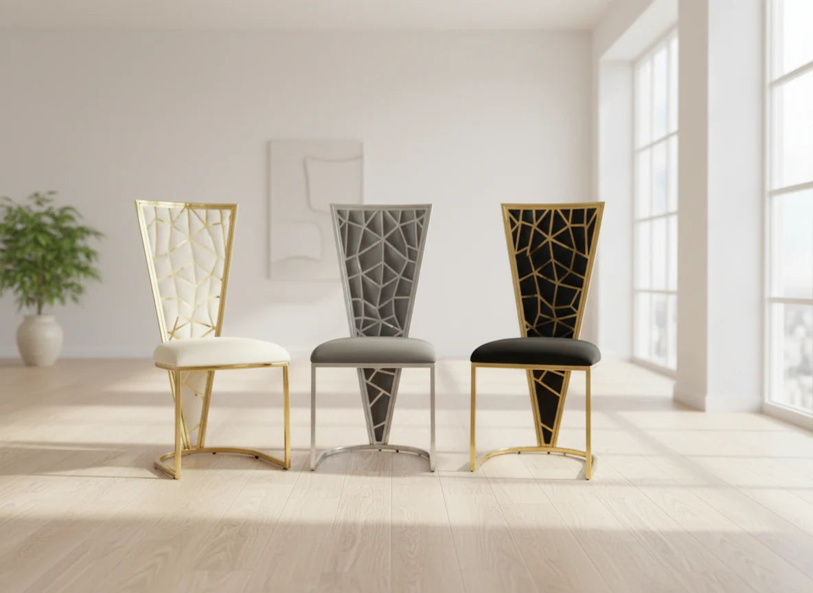 Vienna Dining Chair all colors pair front view UK showing Black and Gold, Cream and Gold, and Grey and Silver designs with premium upholstery and elegant metal detailing from Solid Furniture UK`