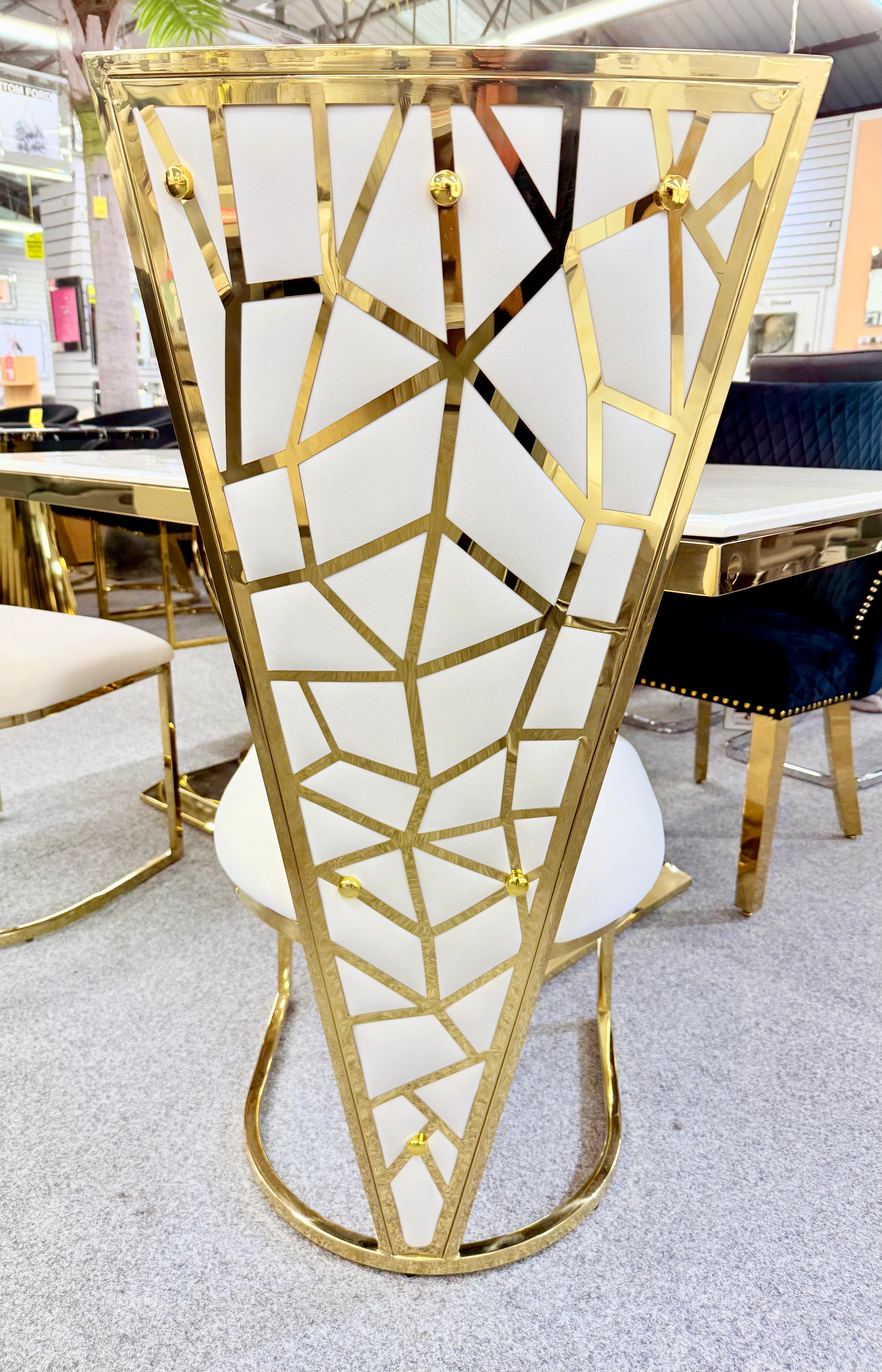 Back side view of Vienna dining chair cream and gold upholstered modern dining chair UK home furniture by Solid Furniture UK