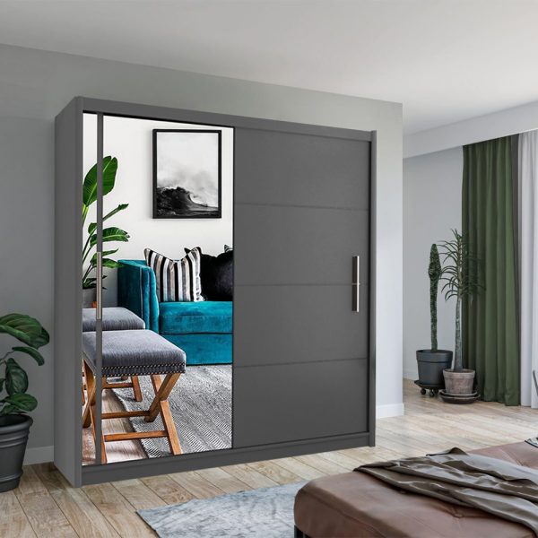 Modern bedroom featuring Vision Sliding Door Wardrobe in grey solid furniture uk