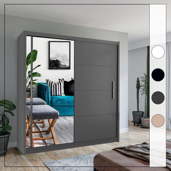 Front view of Vision Sliding Door Wardrobe in grey with mirror panels solid furniture UK