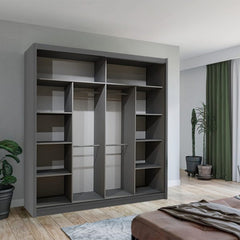 Interior of Vision wardrobe in grey with shelves and hanging rails for clothes