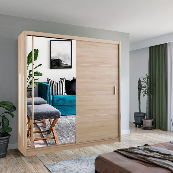 Modern bedroom showcasing Vision Sliding Door Wardrobe with oak accents solid furniture UK