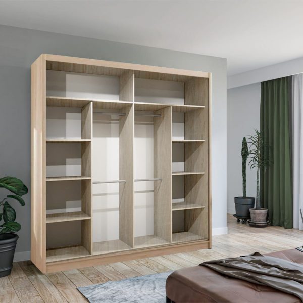 Interior of Vision wardrobe with oak detail, featuring shelves and hanging rails solid furniture UK