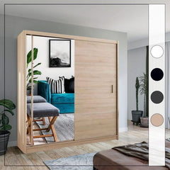 Side view of sleek wardrobe with oak accents and sliding doors