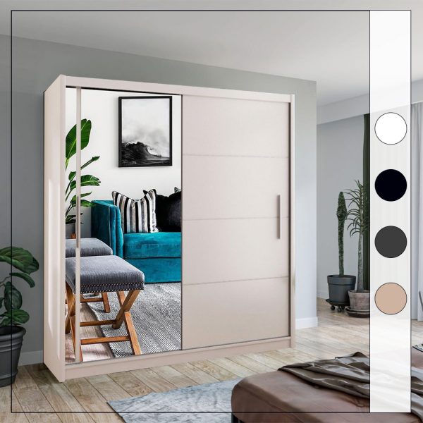 Side view of sleek white sliding door wardrobe with modern design solid furniture UK