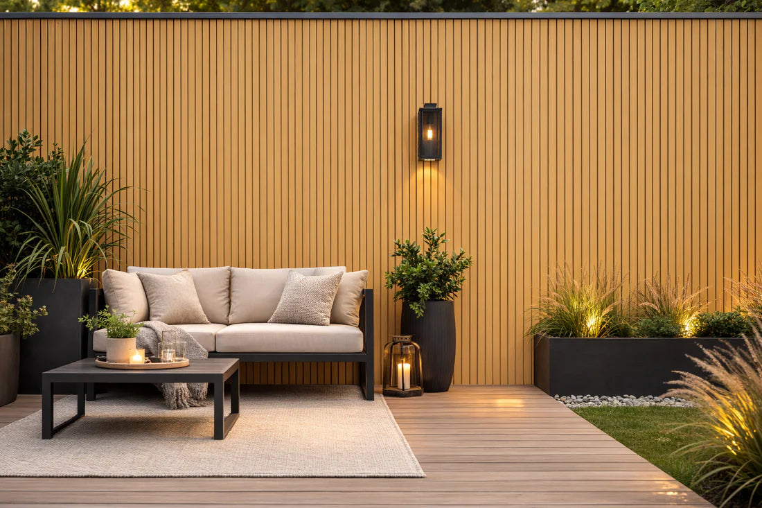 Oak effect 180cm outdoor wall panel shown in main view, featuring a modern slatted WPC design suitable for exterior cladding on gardens, patios, and feature walls. solid furniture UK