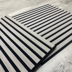 3D decorative angled view of a square ash grey acoustic wall panel by Solid Furniture LTD highlighting slat detail, premium finish, and acoustic performance.