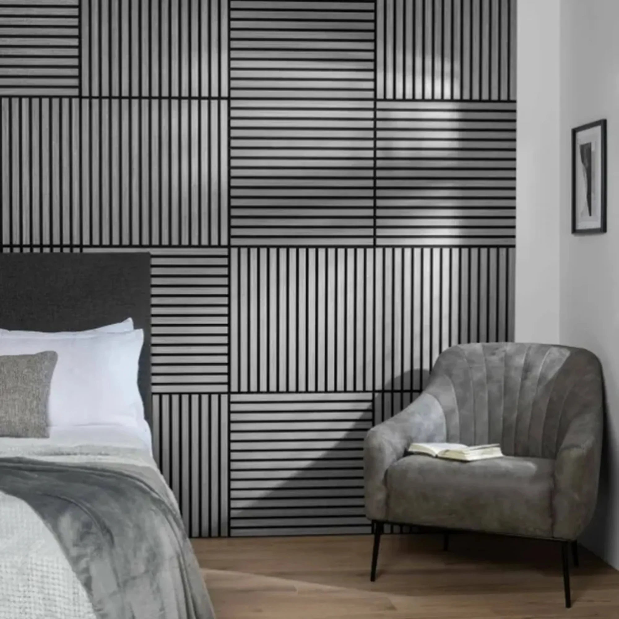 3D decorative view of square ash grey acoustic wall panels by Solid Furniture LTD installed in a bedroom, enhancing acoustics and modern style