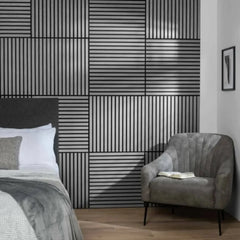 3D decorative view of square ash grey acoustic wall panels by Solid Furniture LTD installed in a bedroom, enhancing acoustics and modern style