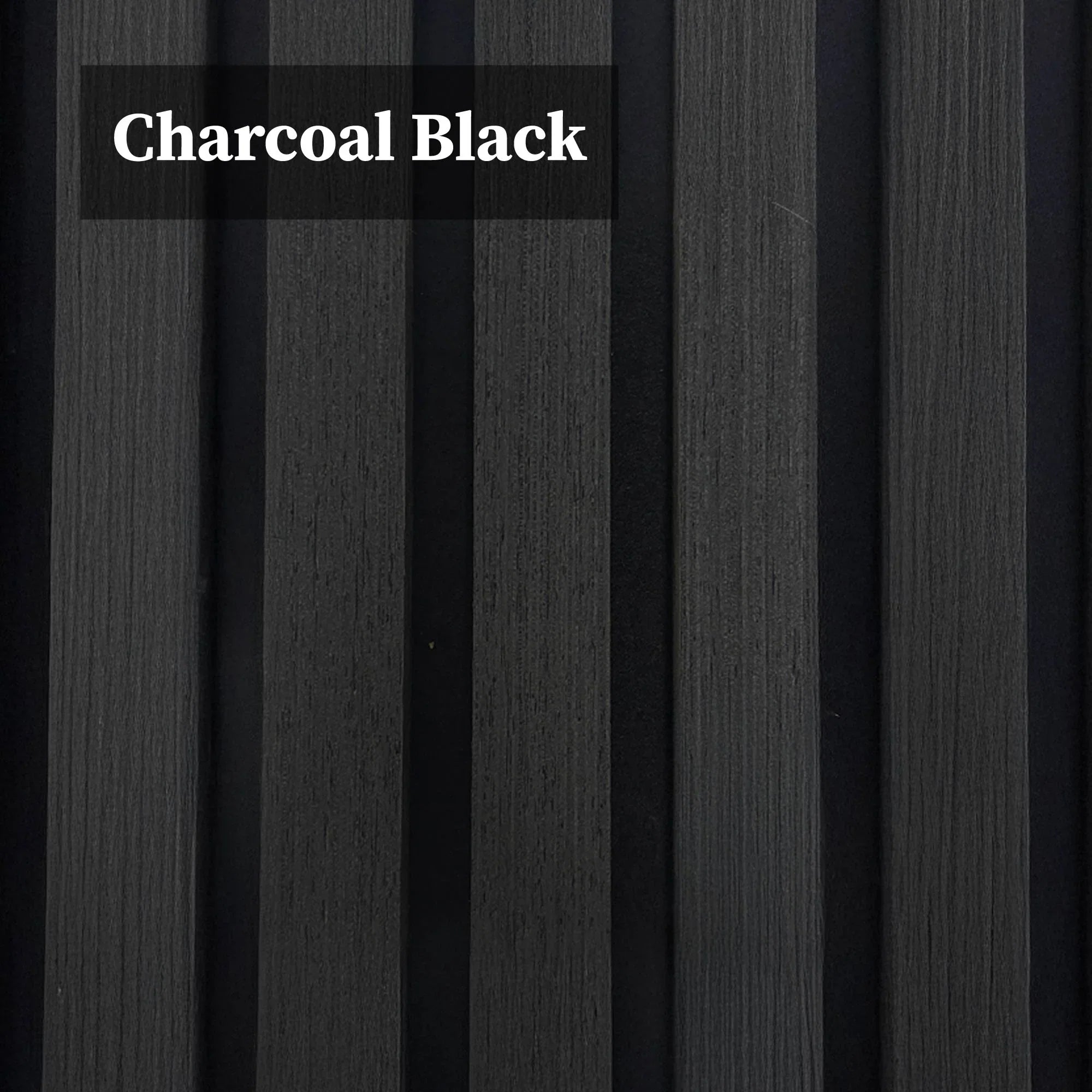 3D decorative close-up of a square acoustic charcoal black wall panel by Solid Furniture LTD highlighting wood slat texture, spacing, and felt backing for sound absorption.