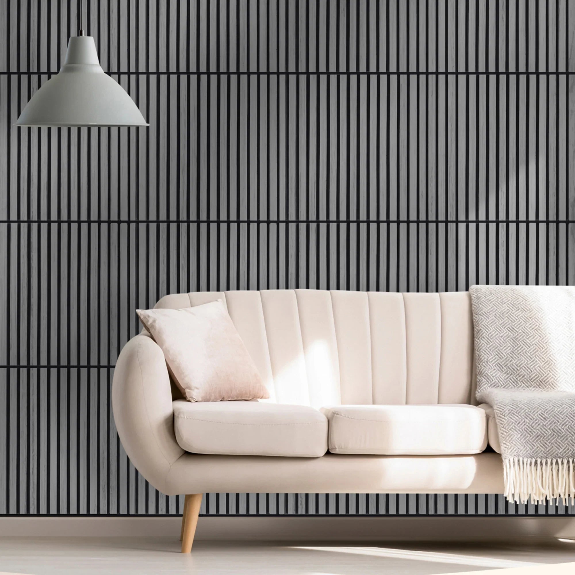 3D decorative view of square ash grey acoustic wall panels by Solid Furniture LTD installed in a drawing room, reducing echo and improving aesthetics.