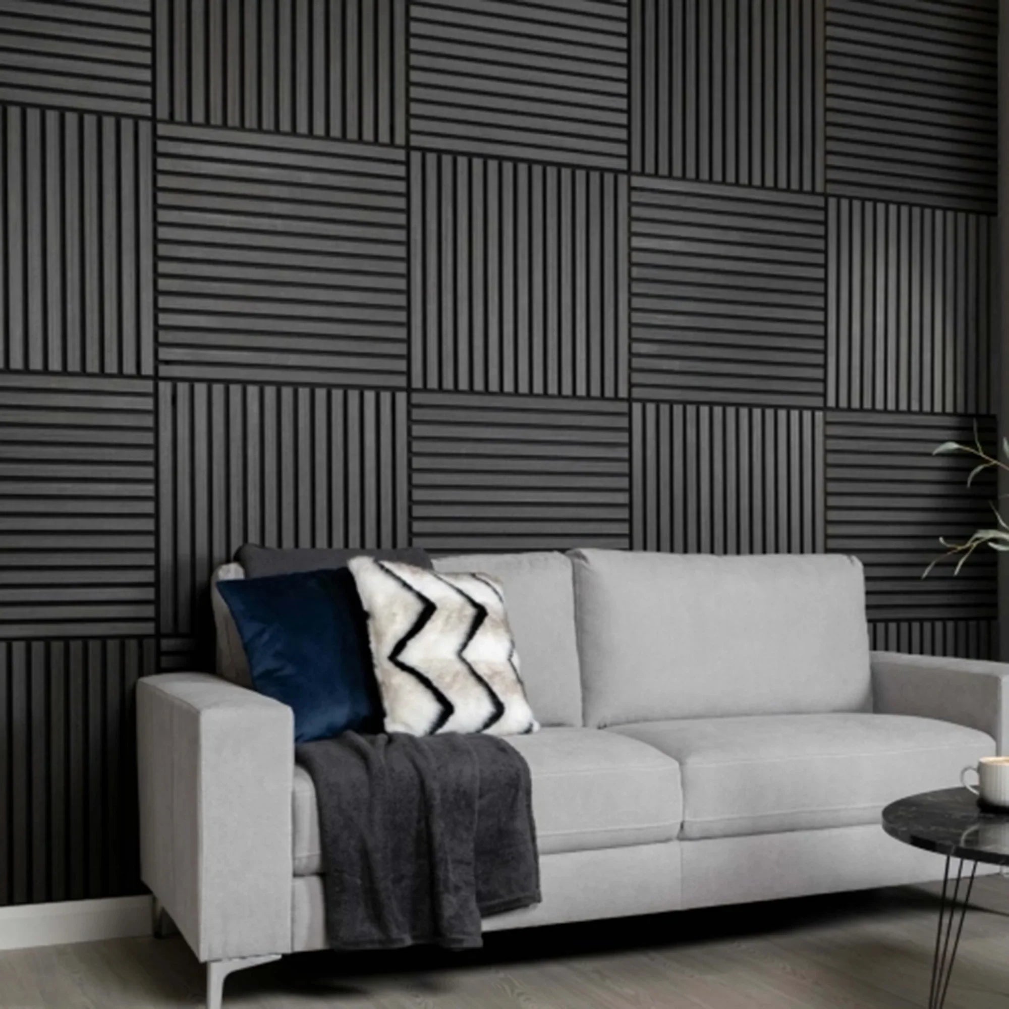 3D decorative view of square acoustic charcoal black wall panels by Solid Furniture LTD installed in a modern drawing room, enhancing acoustics and aesthetics.