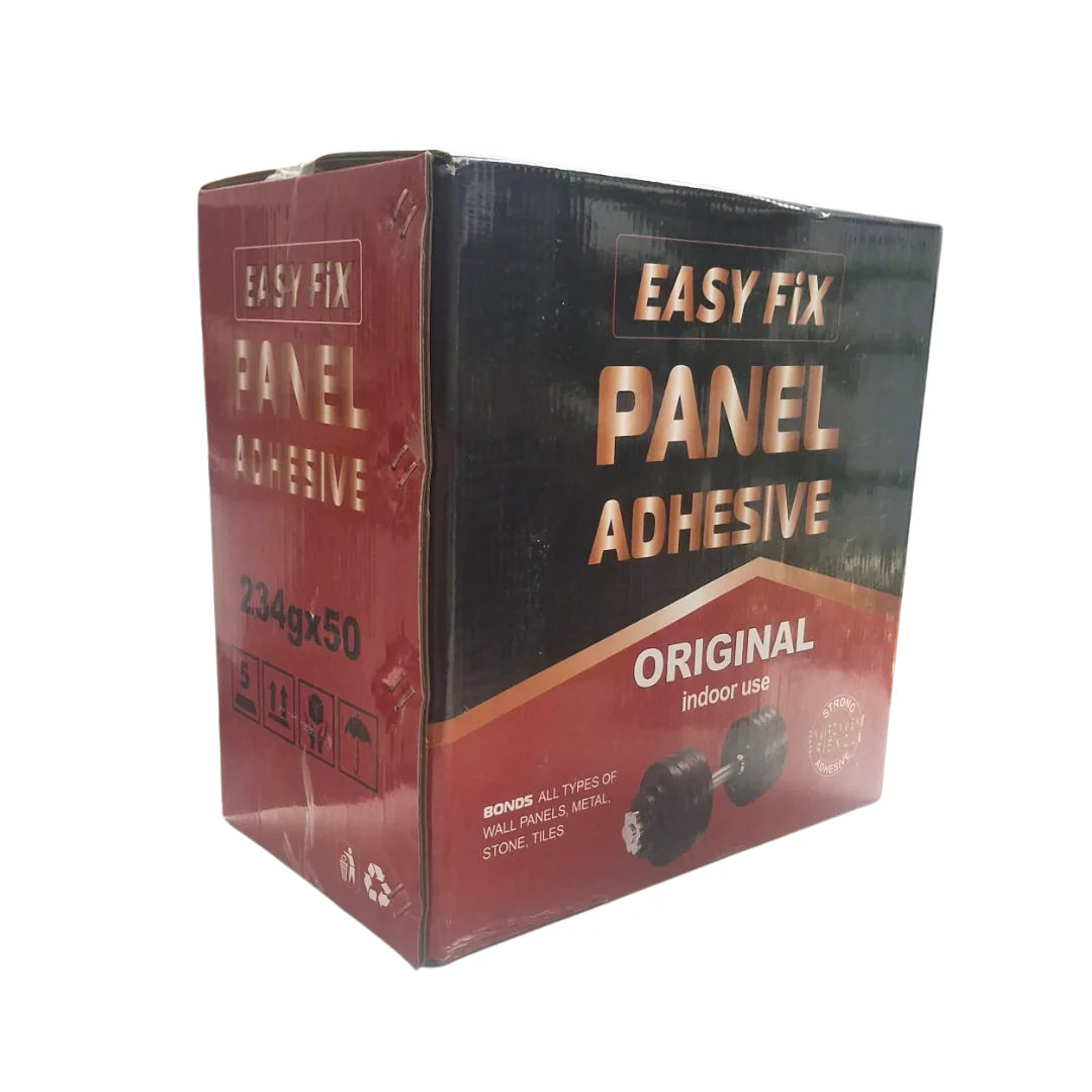 Box view of wall panel adhesive packaging for trade and bulk supply by Solid Furniture LTD including professional construction adhesive tubes