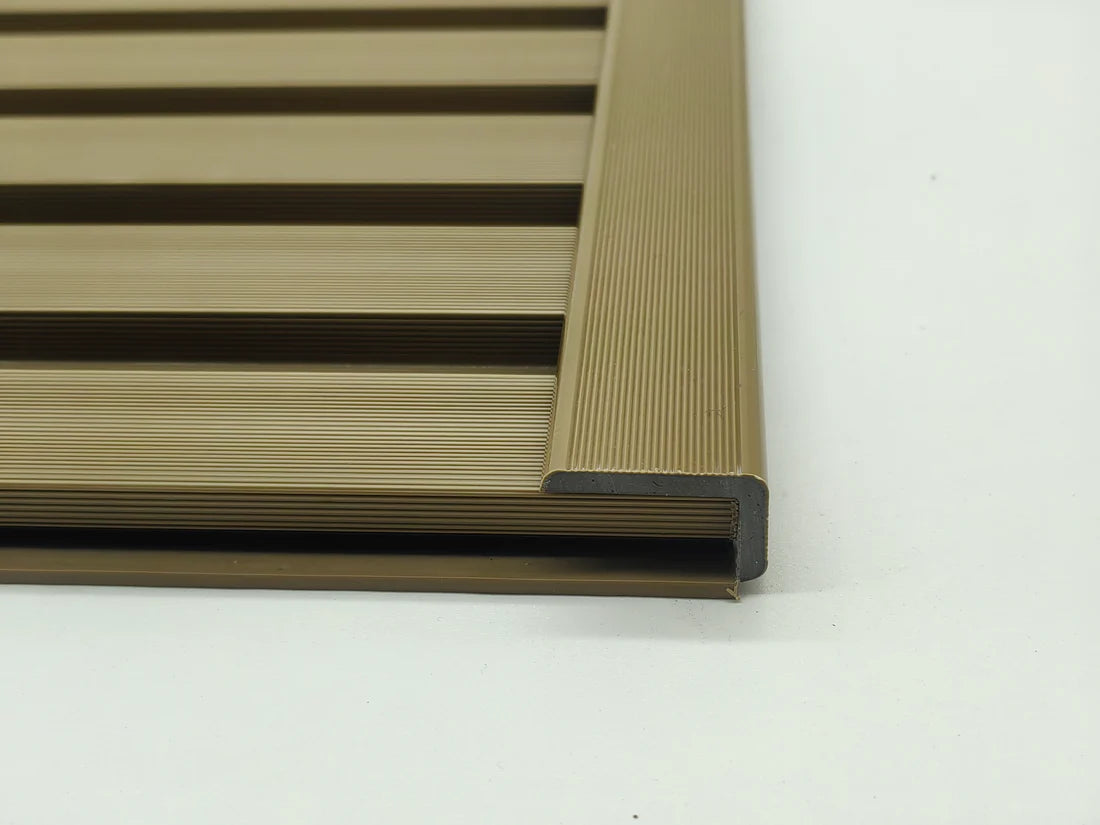Vertical installation view of khaki composite wall panel end trim 240cm installed on outdoor cladding from Solid Furniture Ltd UK