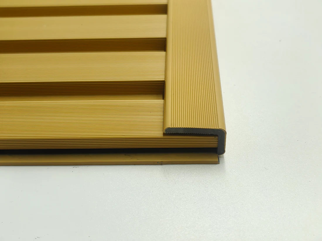 Vertical installation view of oak wall panel end trim composite 240cm installed on wall cladding from Solid Furniture Ltd UK