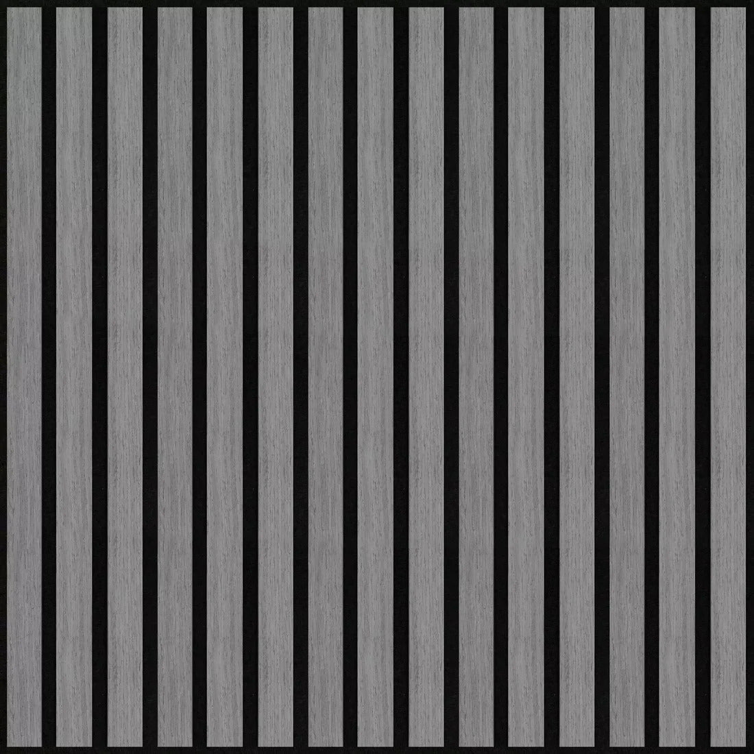 3D decorative main view of a square ash grey acoustic wall panel by Solid Furniture LTD, showing wood slats and felt backing for improved sound quality.