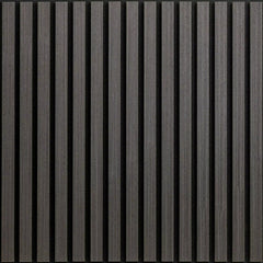 3D decorative main view of a square acoustic charcoal black wall panel by Solid Furniture LTD, showing wood slats and felt backing for improved sound performance.