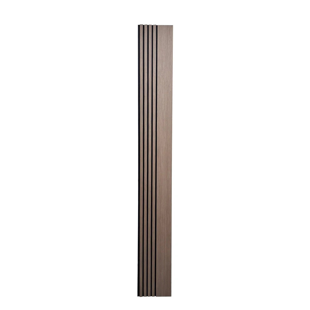 Close-up view of Walnut 240 x 30 cm acoustic wood veneer wall panel by Solid Furniture UK highlighting rich grain texture and premium finish