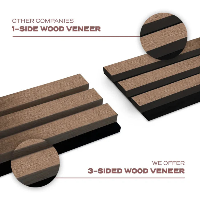 Close-up of real walnut veneer acoustic slatted panel highlighting wood grain texture, slat spacing, and acoustic felt backing solid furniture UK