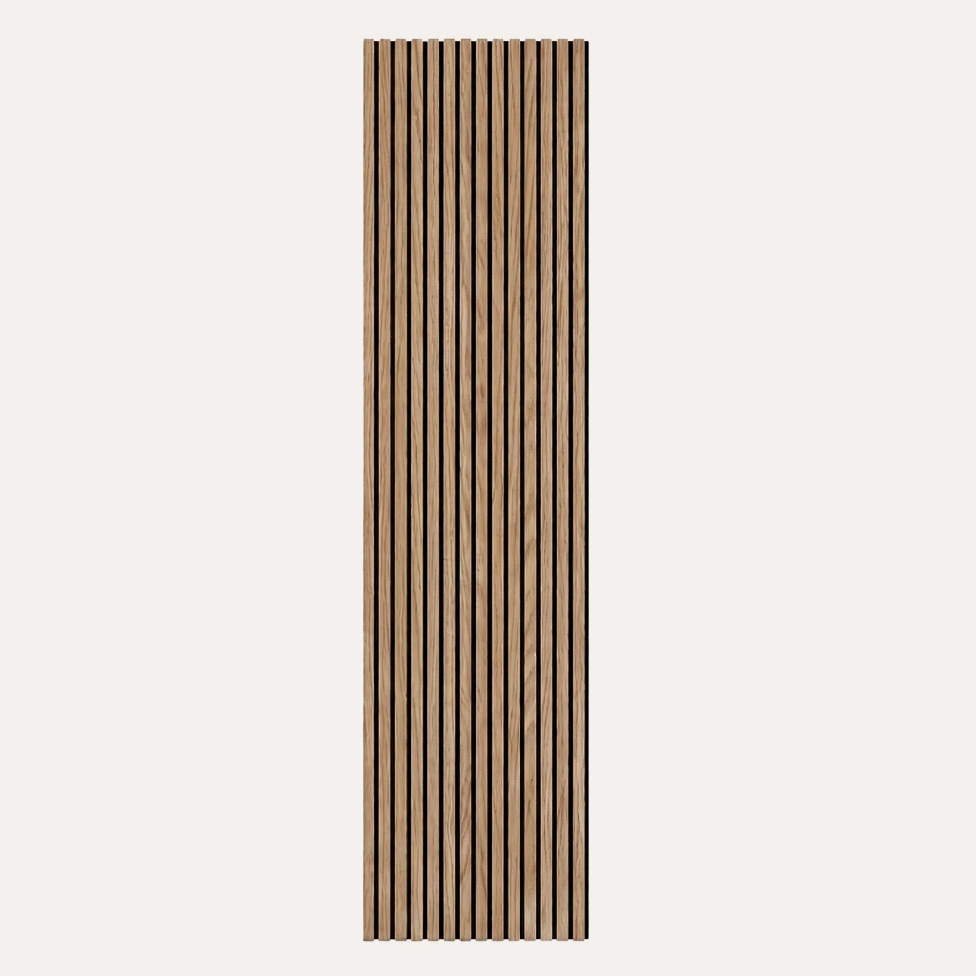 Close-up of real walnut veneer acoustic slatted panel highlighting wood grain texture, slat spacing, and acoustic felt backing solid furniture UK
