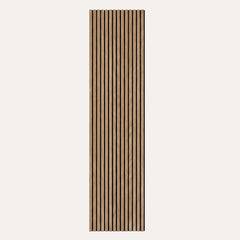 Close-up of real walnut veneer acoustic slatted panel highlighting wood grain texture, slat spacing, and acoustic felt backing solid furniture UK