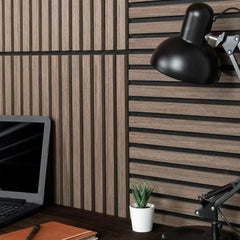 Close-up of 3D decorative walnut acoustic wall panels 60x60cm by Solid Furniture LTD highlighting wood slats texture and felt backing
