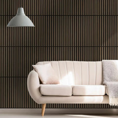 3D decorative walnut square acoustic panels 60x60cm in a stylish drawing room by Solid Furniture LTD adding warmth and improving sound clarity