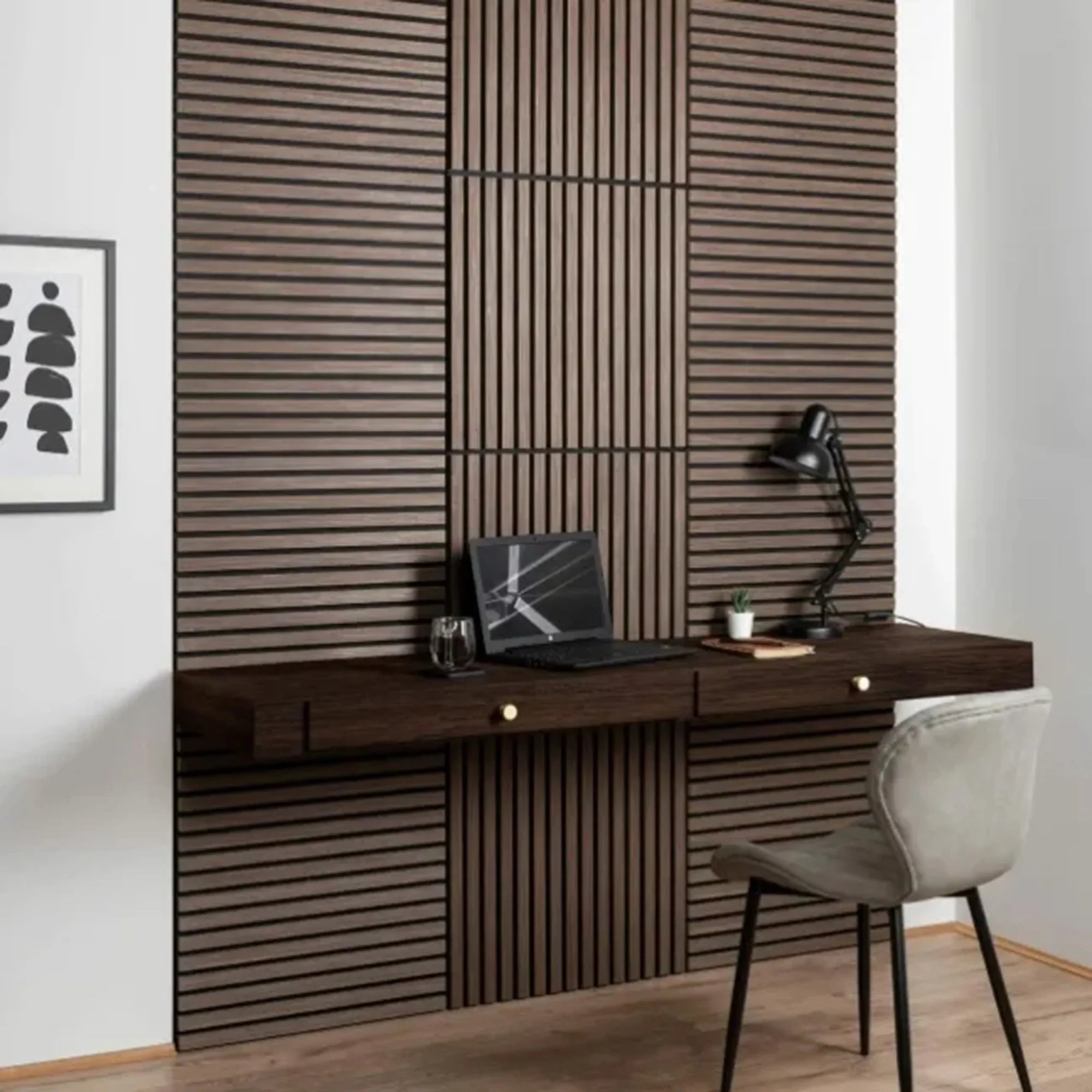 3D decorative walnut acoustic panels 60x60cm installed in a modern room by Solid Furniture LTD reducing echo and enhancing interior design