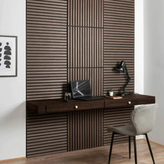 3D decorative walnut acoustic panels 60x60cm installed in a modern room by Solid Furniture LTD reducing echo and enhancing interior design