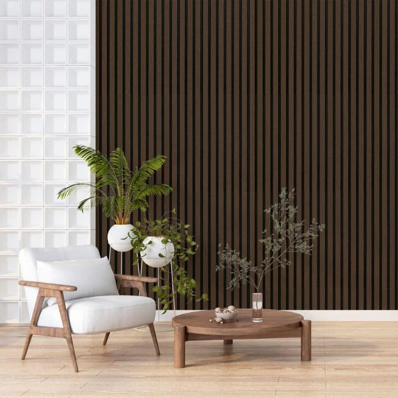 60x280 walnut acoustic wall panels installed in a modern UK interior, creating a warm elegant feature wall with improved sound control. solid furniture UK