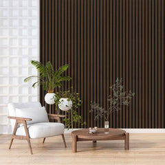 60x280 walnut acoustic wall panels installed in a modern UK interior, creating a warm elegant feature wall with improved sound control. solid furniture UK
