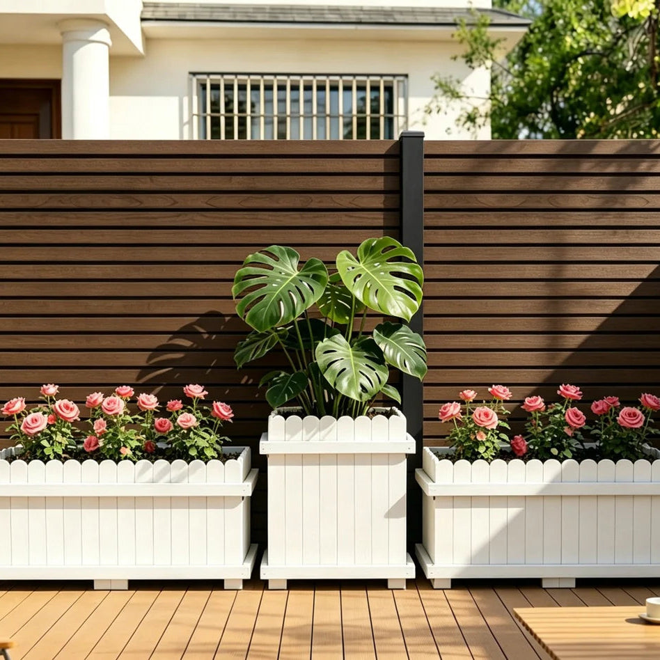 Walnut composite fence panels installed in garden by Solid Furniture UK
