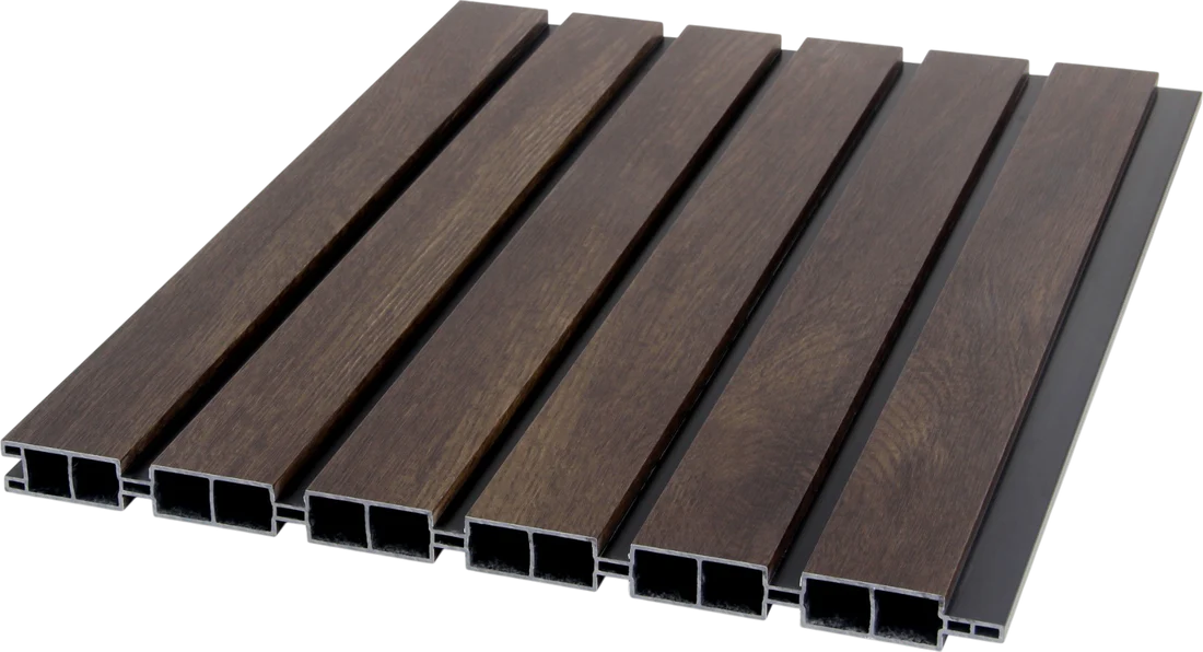 Walnut composite fence panels installed in patio area by Solid Furniture UK