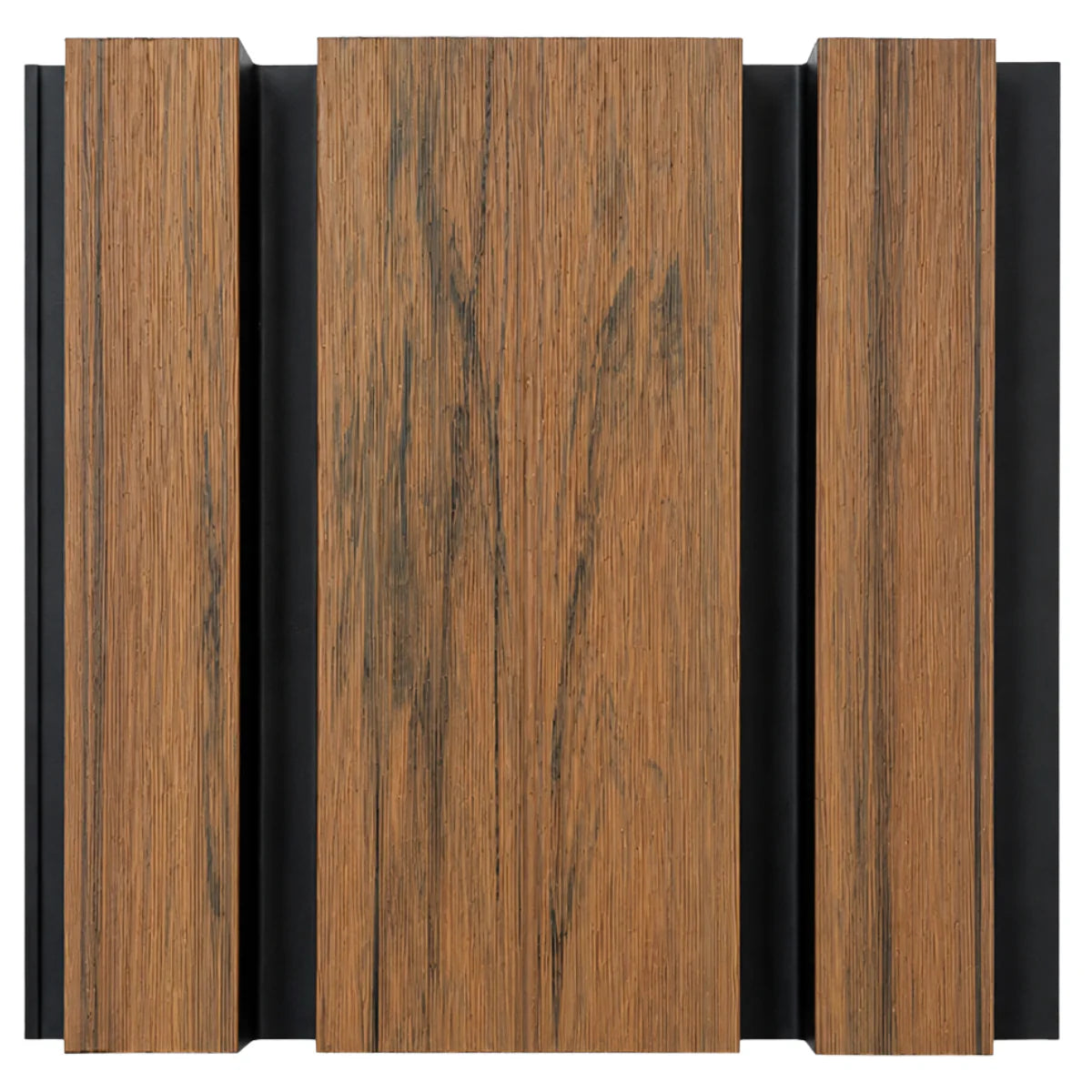 Close up detail of Walnut composite wall cladding panel with modern wide slat exterior finish solid furniture UK