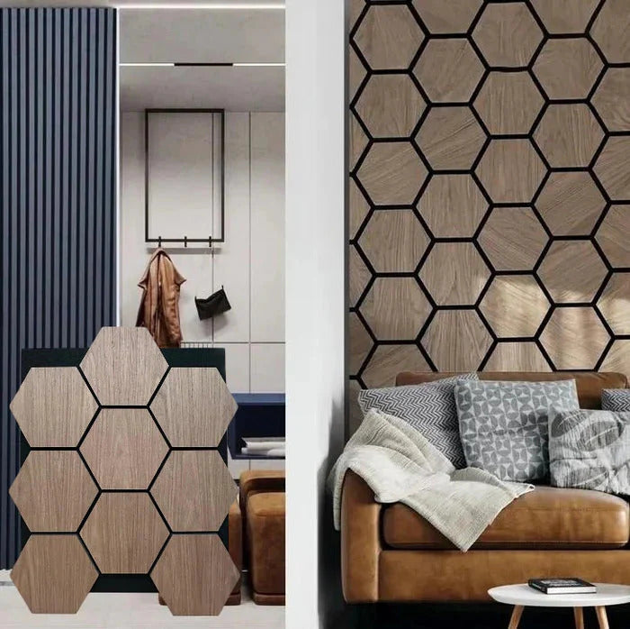 Walnut hexagon acoustic wall panels on living room wall with geometric design and sound-absorbing felt backing. solid furniture UK