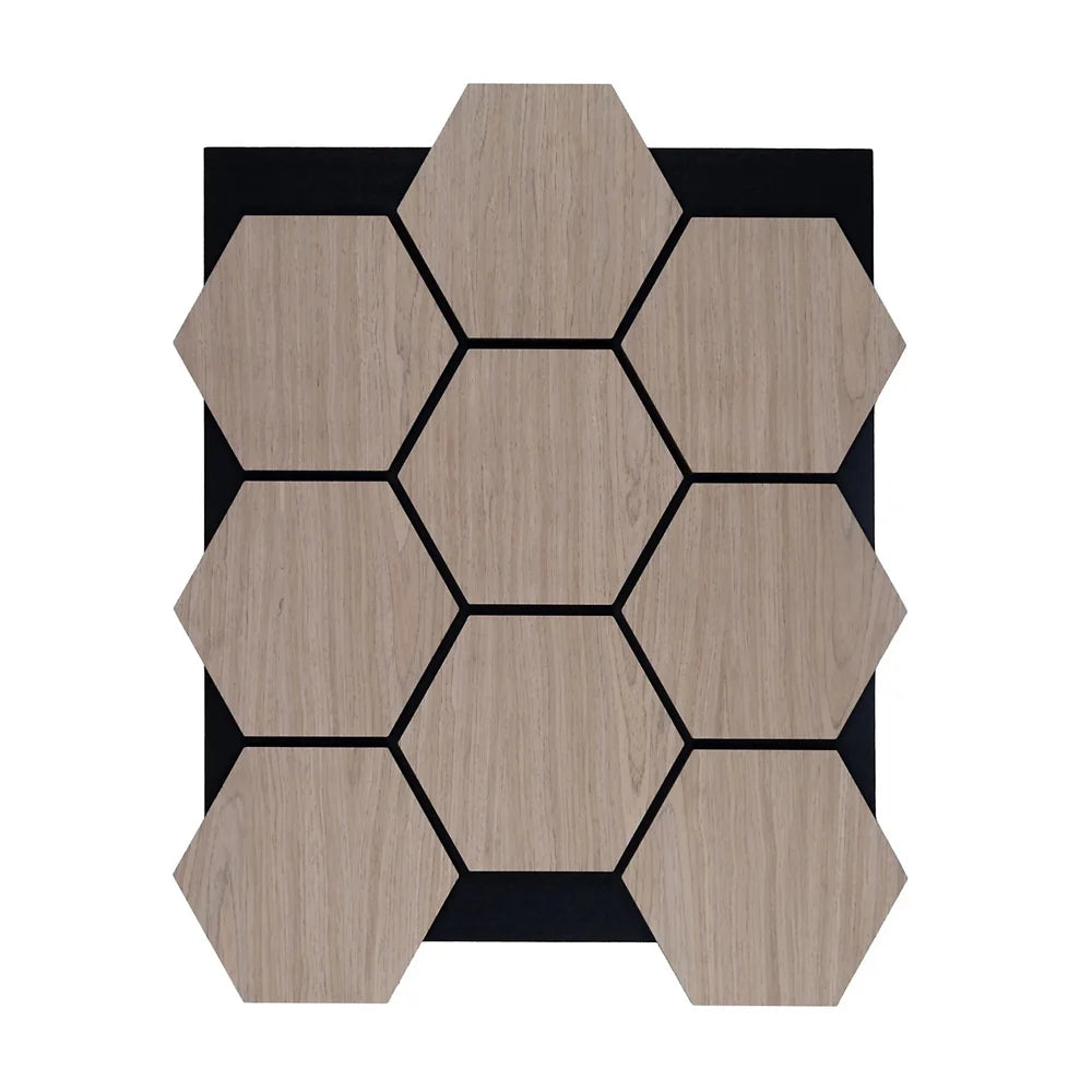 Walnut Hexagon Acoustic Wall Panels in modern living room. solid furniture uk