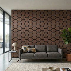 Walnut hexagon wall panels installed on a living room wall, featuring geometric design and sound-absorbing properties, creating a stylish and acoustically comfortable interior. solid furniture UK