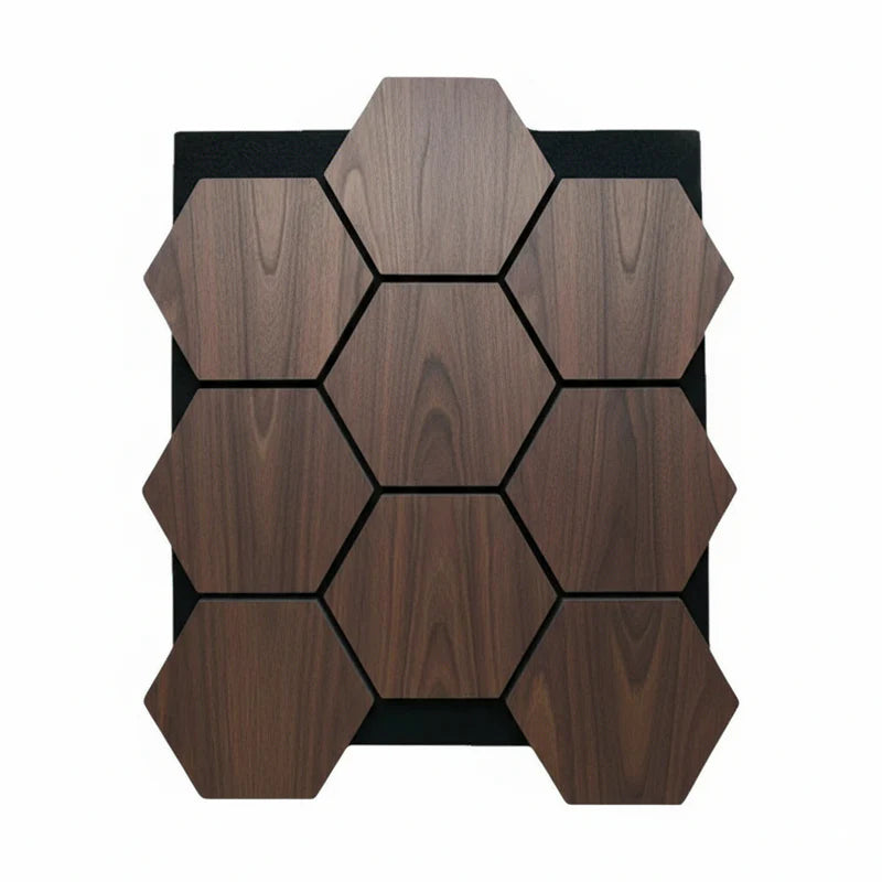 Walnut hexagon wall panels displayed in main view, showing rich finish, modular design, and acoustic features suitable for home or commercial interiors. solid furniture UK