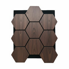 Walnut hexagon wall panels displayed in main view, showing rich finish, modular design, and acoustic features suitable for home or commercial interiors. solid furniture UK
