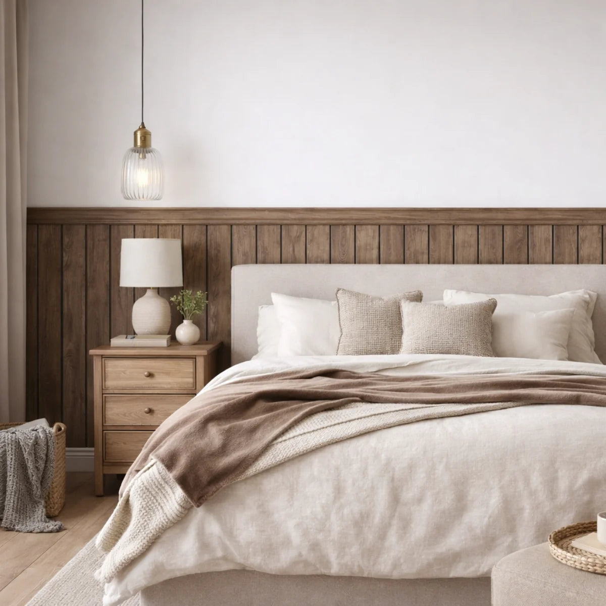 Walnut slatted wainscoting wall panels installed by Solid Furniture UK