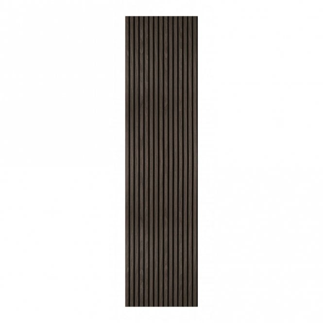 Close-up of walnut wall panels 60x240 by Solid Furniture UK highlighting HDF slats, spacing, and warm textured wood surface