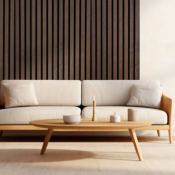 Walnut acoustic wall panels 60x240 by Solid Furniture UK installed in an elegant drawing room creating a warm, sophisticated feature wall with enhanced acoustic comfort