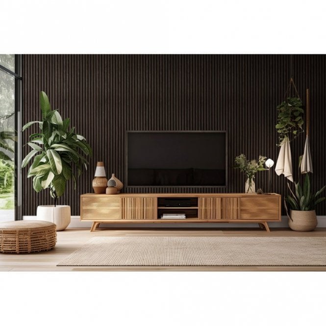 Walnut acoustic wall panels 60x240 by Solid Furniture UK full front view showing slim slatted design and rich natural wood finish
