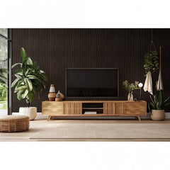 Walnut acoustic wall panels 60x240 by Solid Furniture UK full front view showing slim slatted design and rich natural wood finish