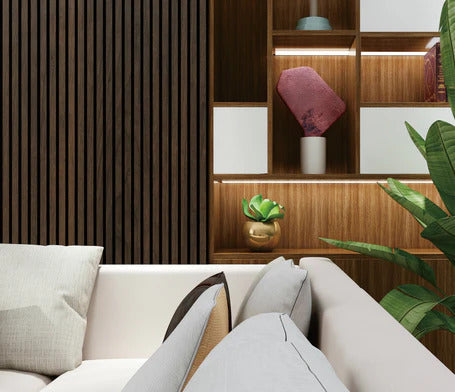 Walnut acoustic wall panels 60x240 by Solid Furniture UK installed in a modern interior creating a warm, sophisticated feature wall with improved acoustics