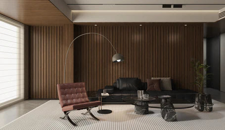 Interior room in UK featuring walnut seamless wall panels by Solid Furniture LTD creating a warm modern space