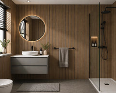 Waterproof walnut WPC wall panels installed in a modern bathroom by Solid Furniture UK